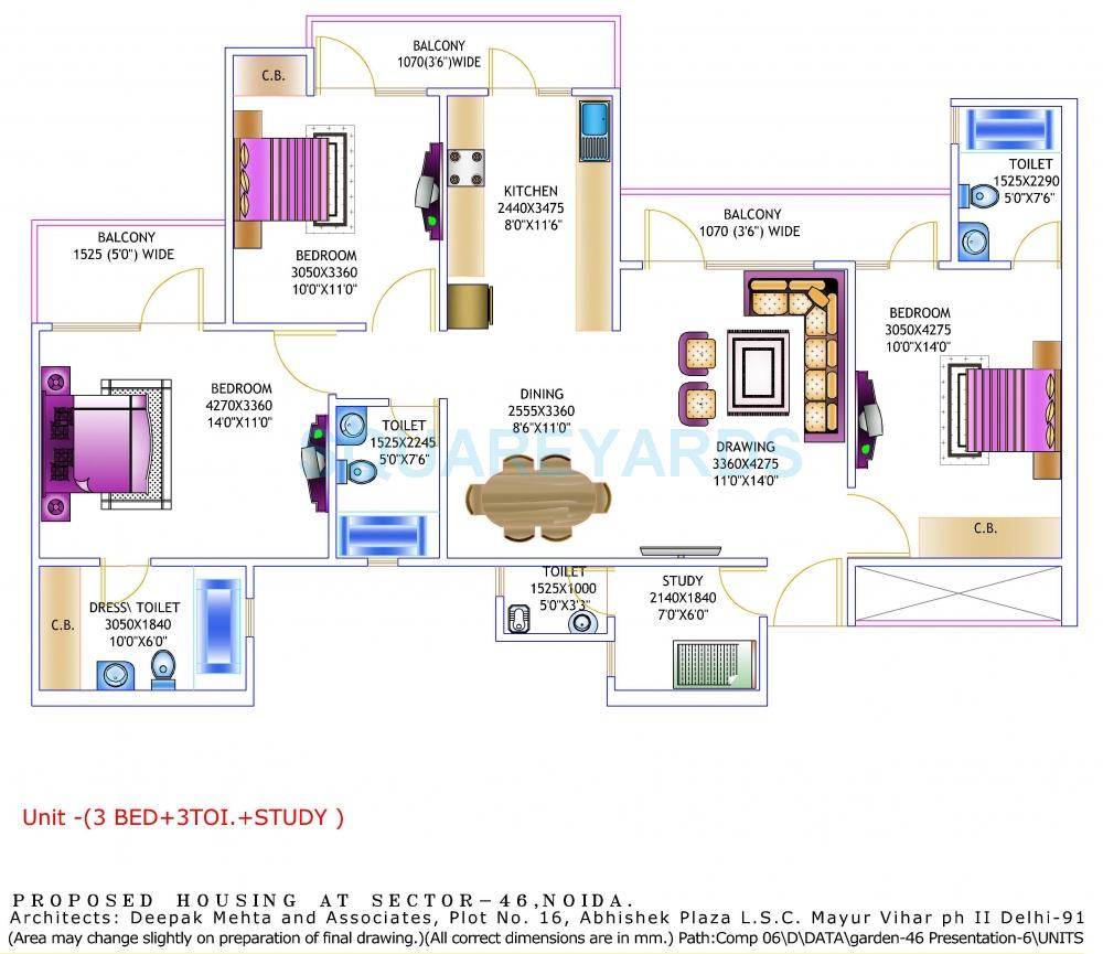Floor plan of 3 BHK 1750 Sq. Ft. Apartment in Gardenia Glory, Noida