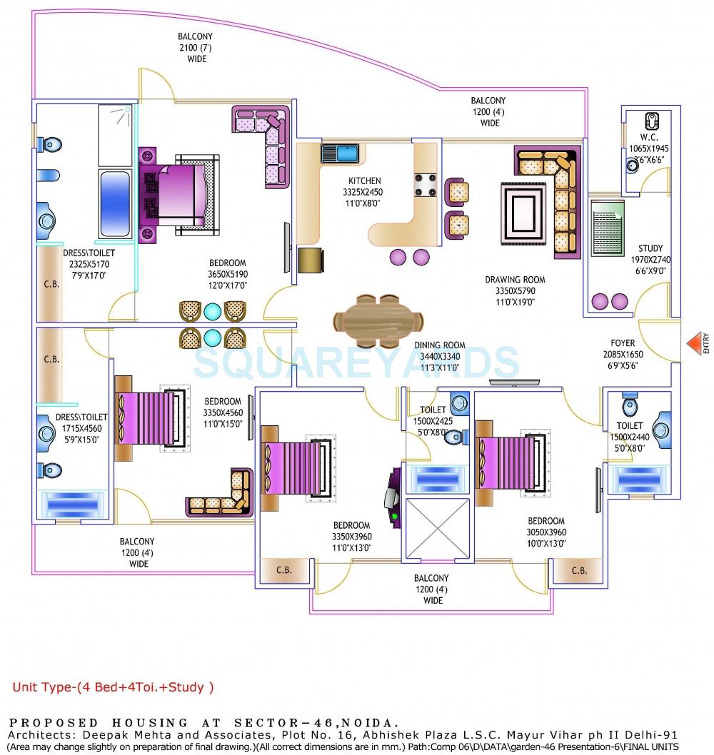 Floor plan of 4 BHK 2250 Sq. Ft. Apartment in Gardenia Glory, Noida