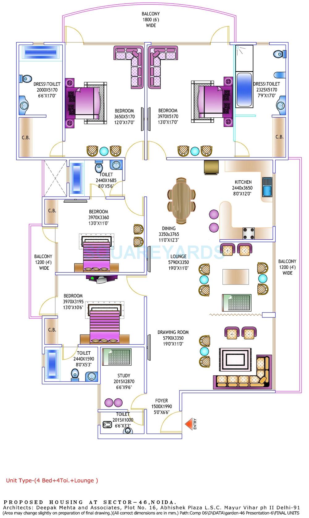 Floor plan of 4 BHK 2950 Sq. Ft. Apartment in Gardenia Glory, Noida