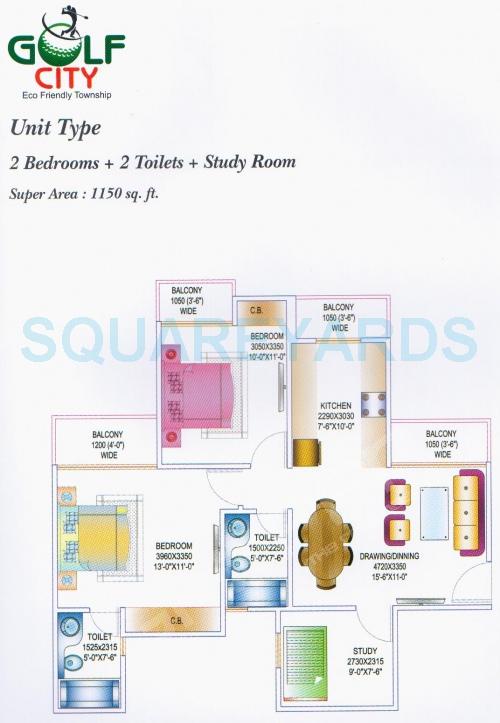 Floor plan of 2 BHK 1150 Sq. Ft. Apartment in Gardenia Golf City, Noida