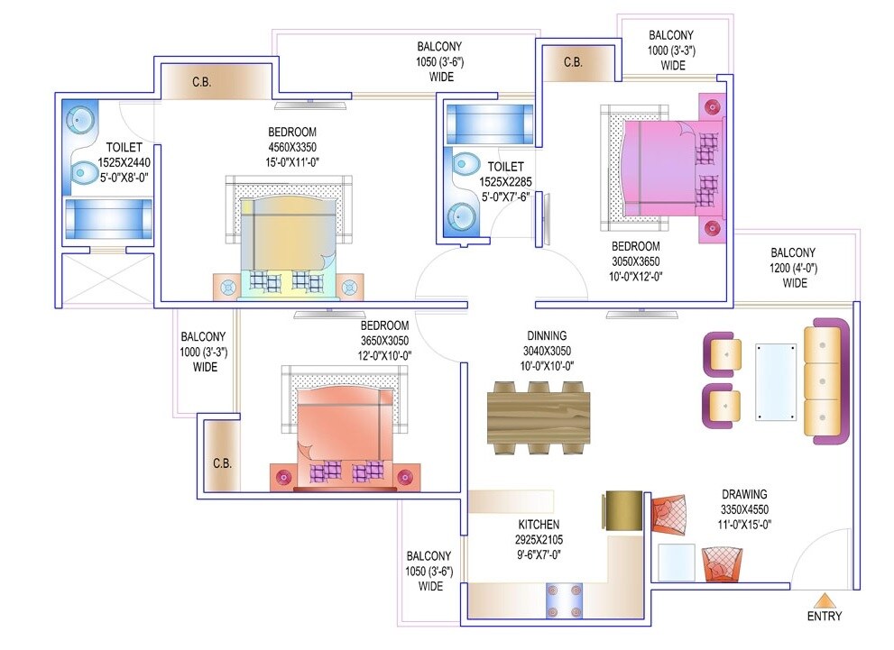 Floor plan of 3 BHK 1550 Sq. Ft. Apartment in Gardenia Golf City, Noida