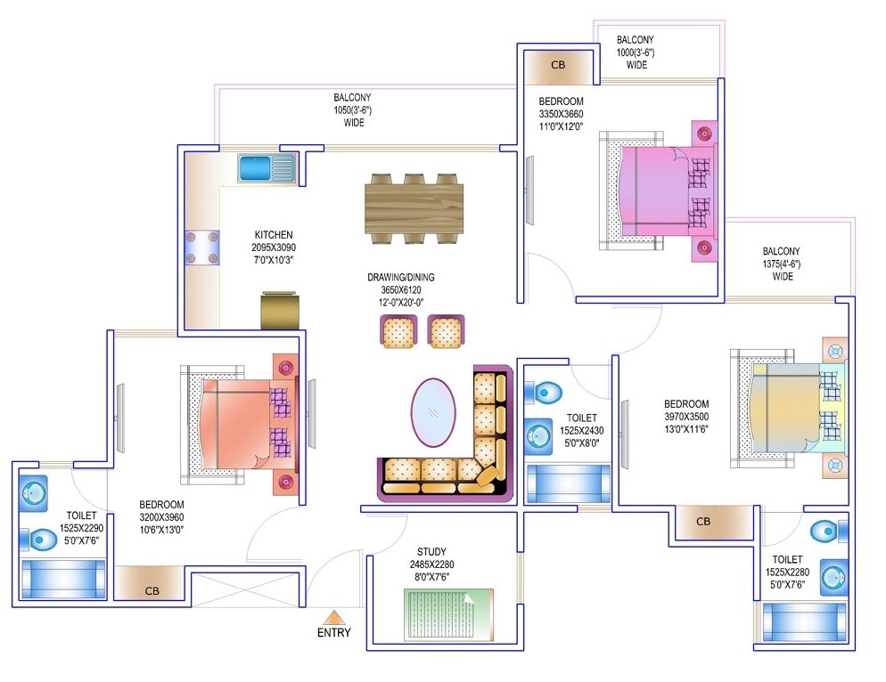 Floor plan of 3 BHK 1750 Sq. Ft. Apartment in Gardenia Golf City, Noida