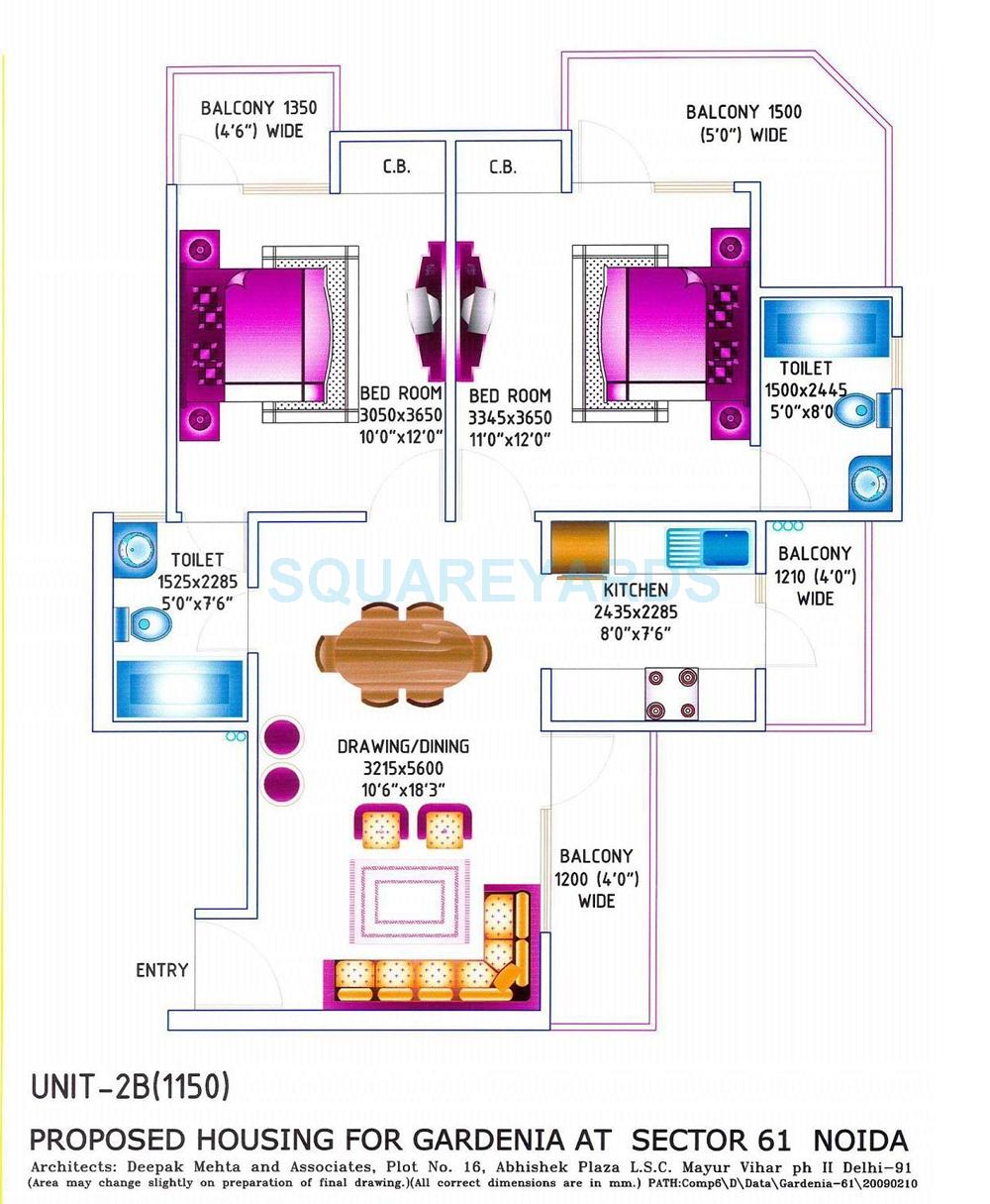 Floor plan of 2 BHK 1150 Sq. Ft. Apartment in Gardenia Grace, Noida