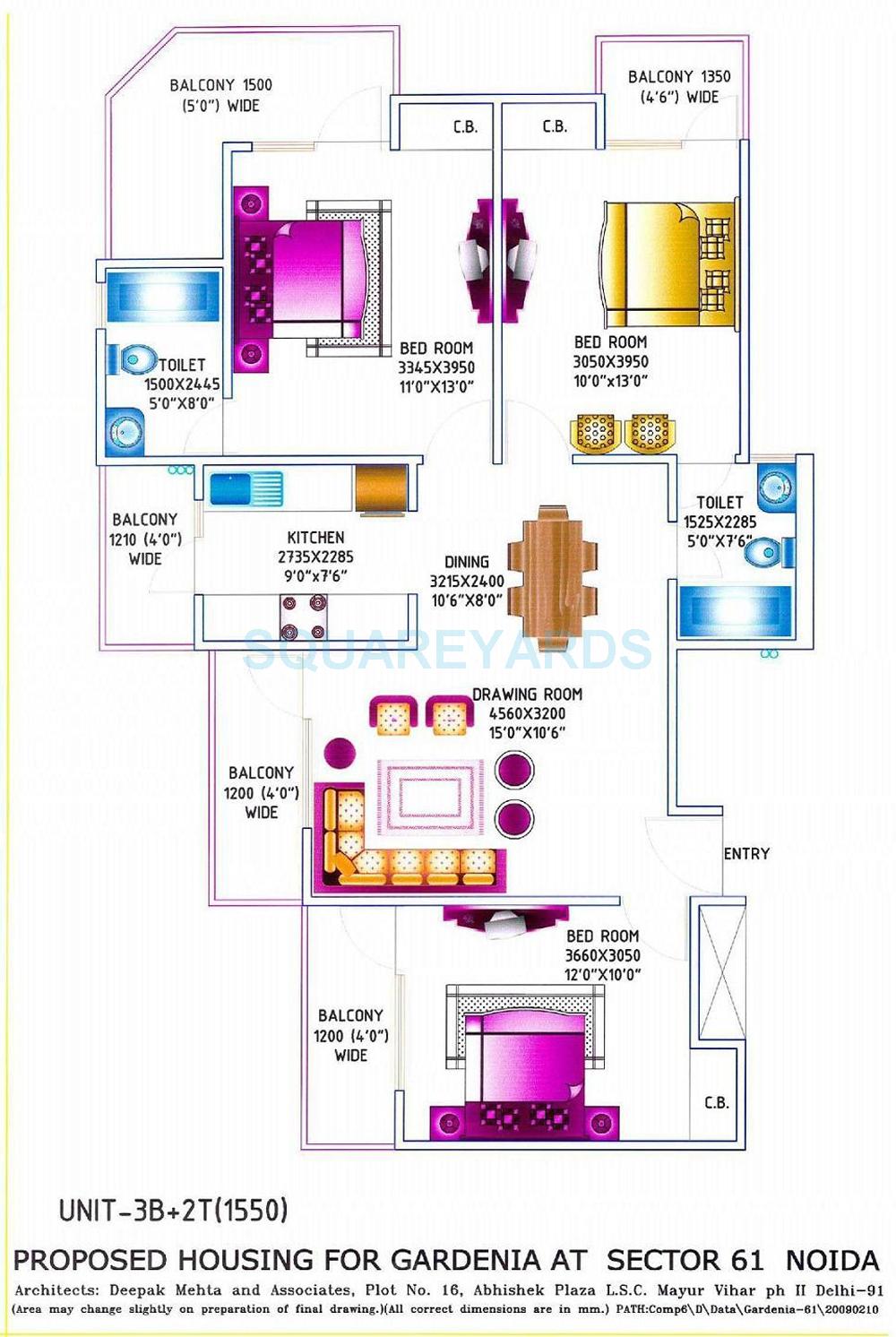 Floor plan of 3 BHK 1550 Sq. Ft. Apartment in Gardenia Grace, Noida