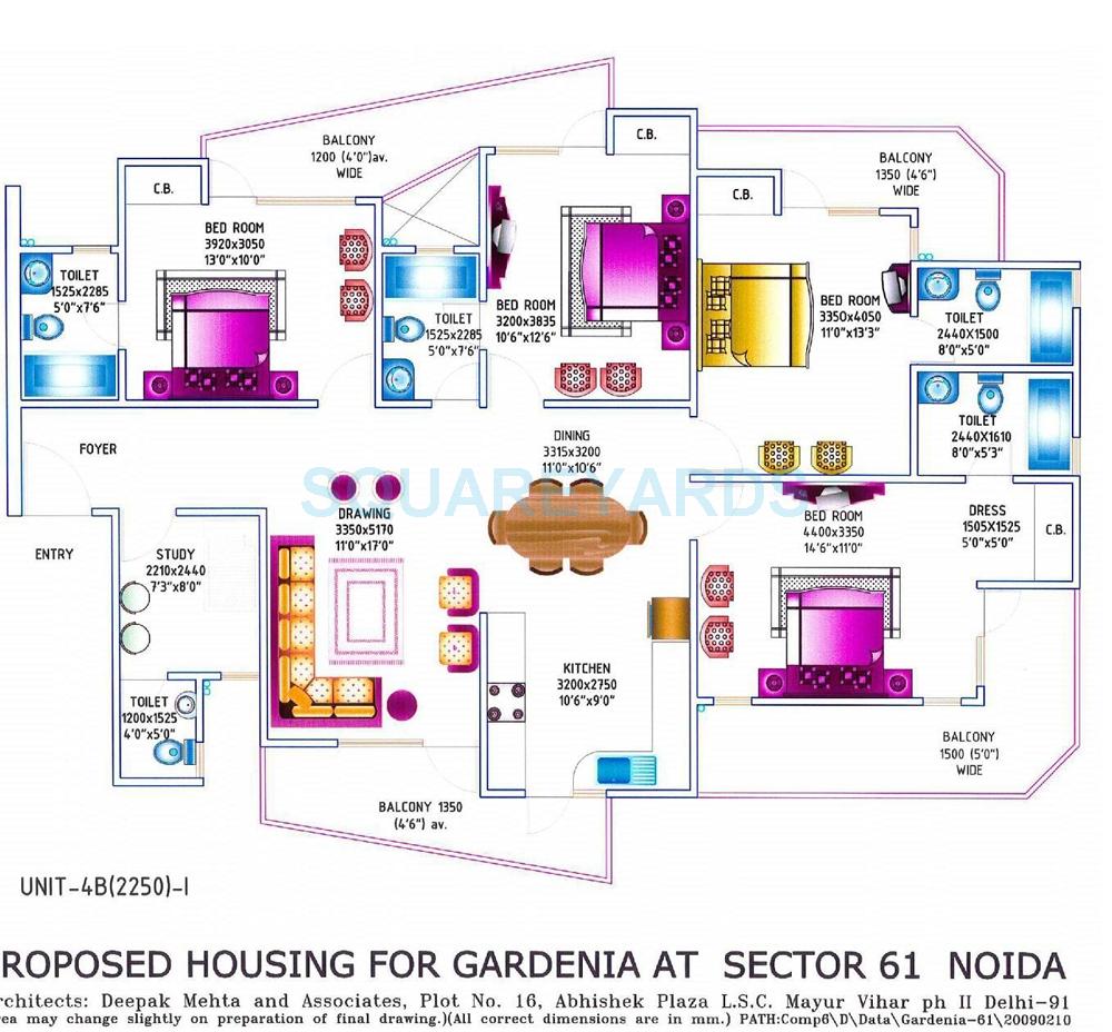 Floor plan of 4 BHK 2250 Sq. Ft. Apartment in Gardenia Grace, Noida