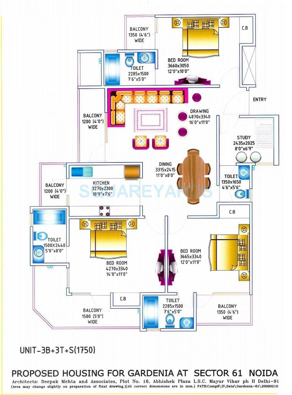 Floor plan of 3 BHK 1750 Sq. Ft. Apartment in Gardenia Grace, Noida