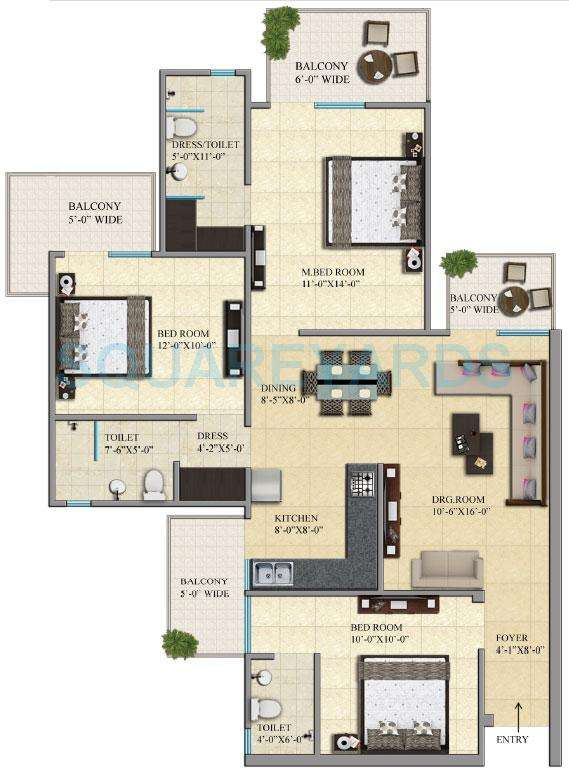 3 BHK 1500 Sq Ft Apartment for Sale in Gaur City 1st 