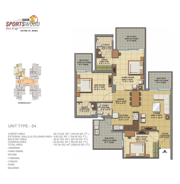 Other, gaur-sportswood 3 Bedroom 1690 Sq.Ft. Apartment In Sector 79 Noida 8608670