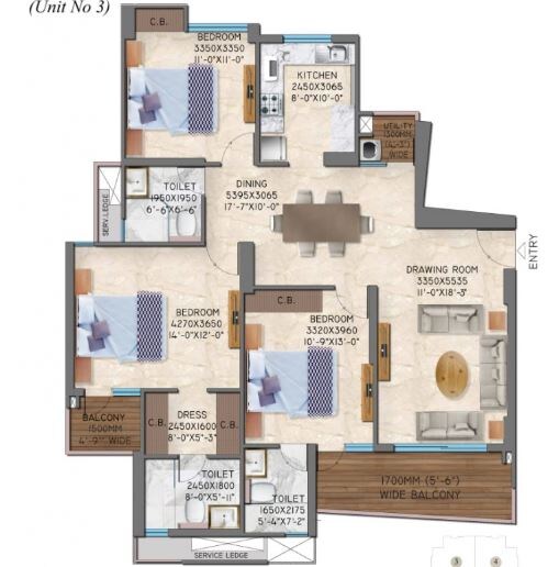 Floor plan of 3 BHK 1700 Sq. Ft. Apartment in Great Value Anandam, Noida