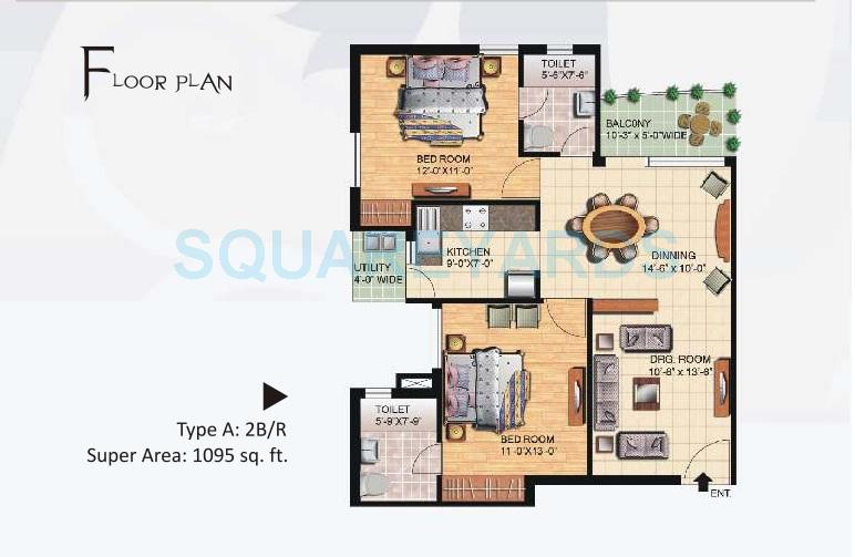 Floor plan of 2 BHK 1095 Sq. Ft. Apartment in Great Value Sharanam, Noida