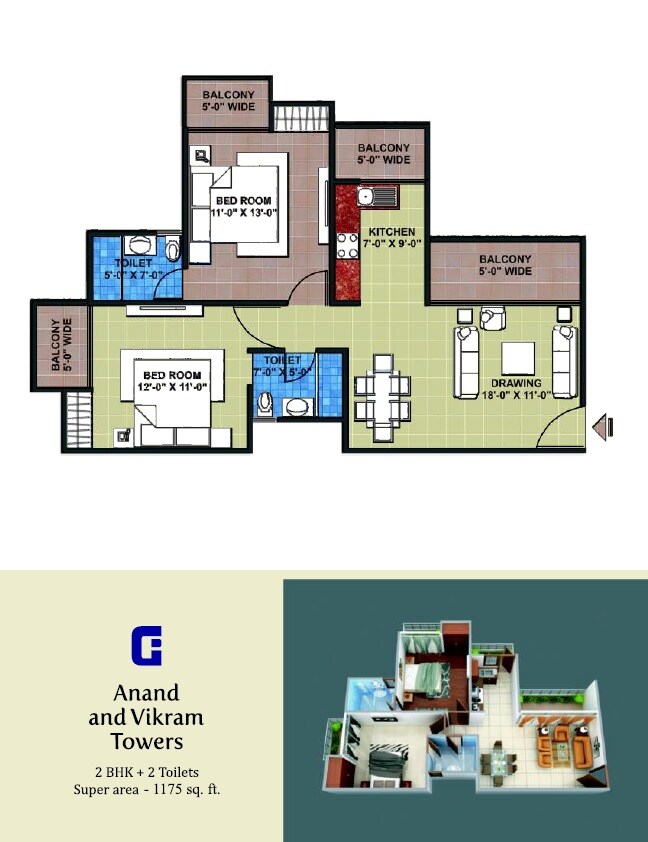 Floor plan of 2 BHK 1175 Sq. Ft. Apartment in Griha Pravesh, Noida