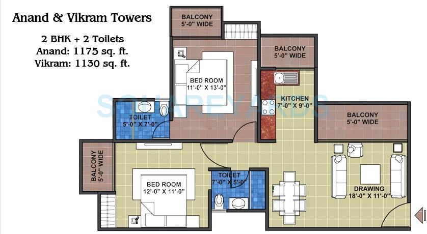 Floor plan of 2 BHK 1175 Sq. Ft. Apartment in Grihapravesh, Noida