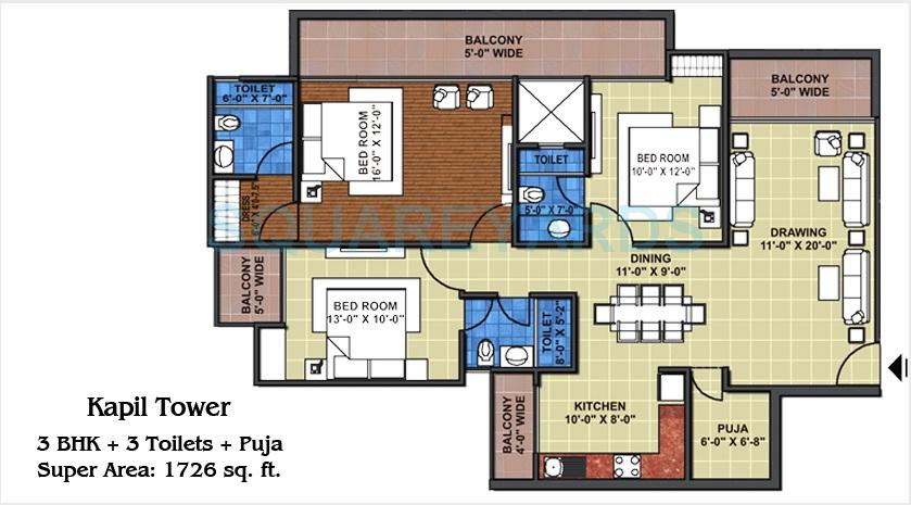 Floor plan of 3 BHK 1726 Sq. Ft. Apartment in Grihapravesh, Noida