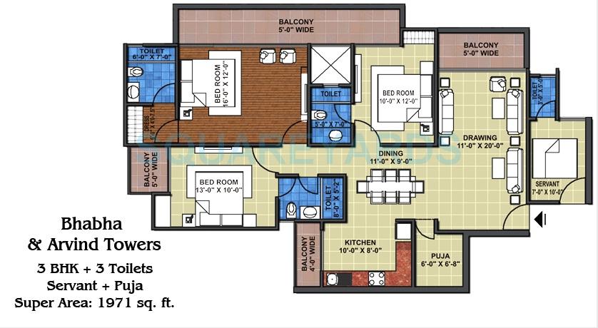 Floor plan of 3 BHK 1971 Sq. Ft. Apartment in Grihapravesh, Noida