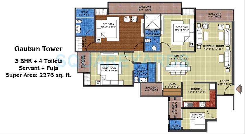 Floor plan of 3 BHK 2276 Sq. Ft. Apartment in Grihapravesh, Noida