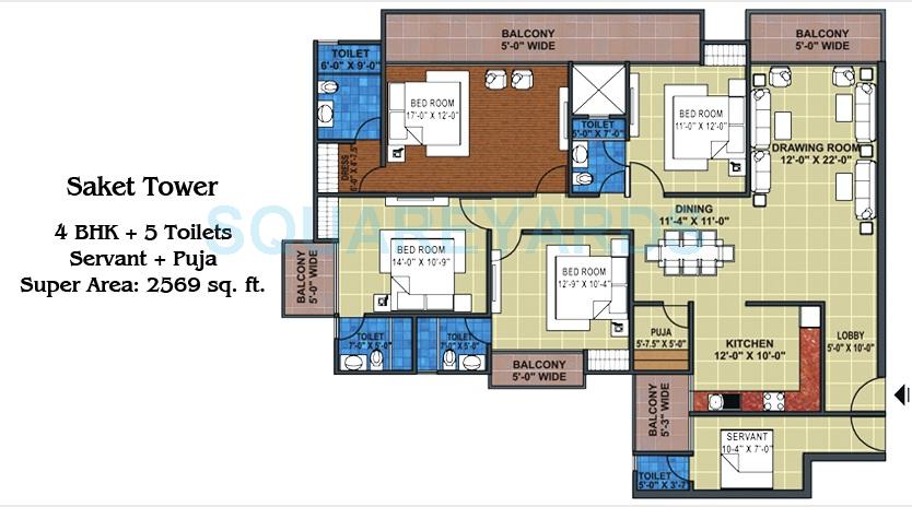 Floor plan of 4 BHK 2569 Sq. Ft. Apartment in Grihapravesh, Noida