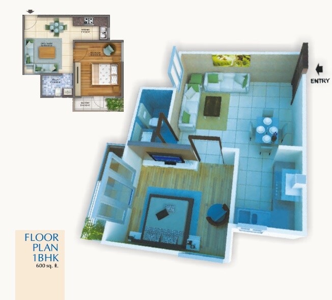 Floor plan of 1 BHK 600 Sq. Ft. Apartment in Grow Aman Residences, Noida