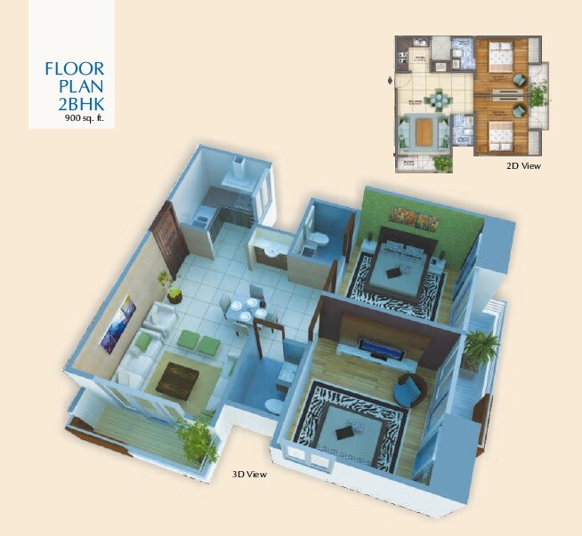 Floor plan of 2 BHK 900 Sq. Ft. Apartment in Grow Aman Residences, Noida
