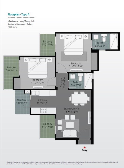 Floor plan of 2 BHK 1025 Sq. Ft. Apartment in Gulshan Botnia, Noida