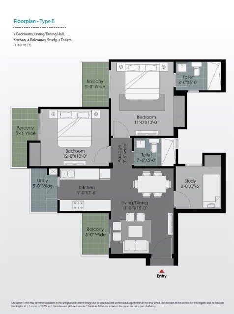 Floor plan of 2 BHK 1160 Sq. Ft. Apartment in Gulshan Botnia, Noida
