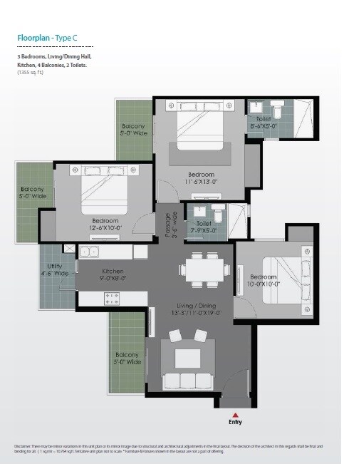 Floor plan of 3 BHK 1355 Sq. Ft. Apartment in Gulshan Botnia, Noida