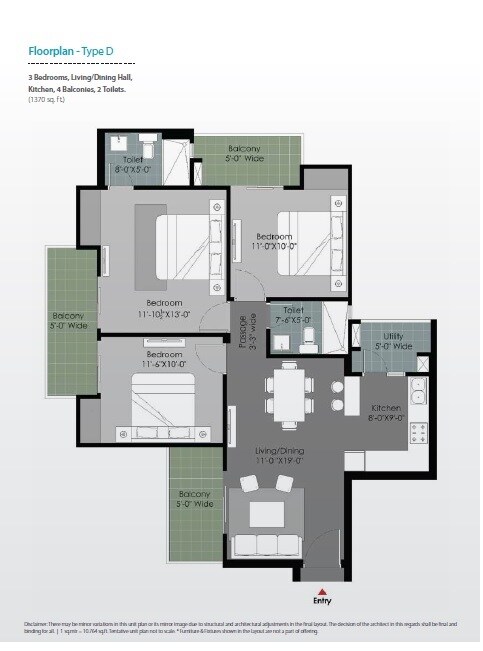 Floor plan of 3 BHK 1370 Sq. Ft. Apartment in Gulshan Botnia, Noida