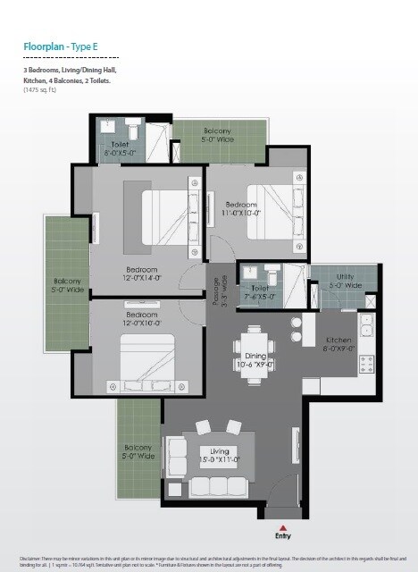 Floor plan of 3 BHK 1475 Sq. Ft. Apartment in Gulshan Botnia, Noida