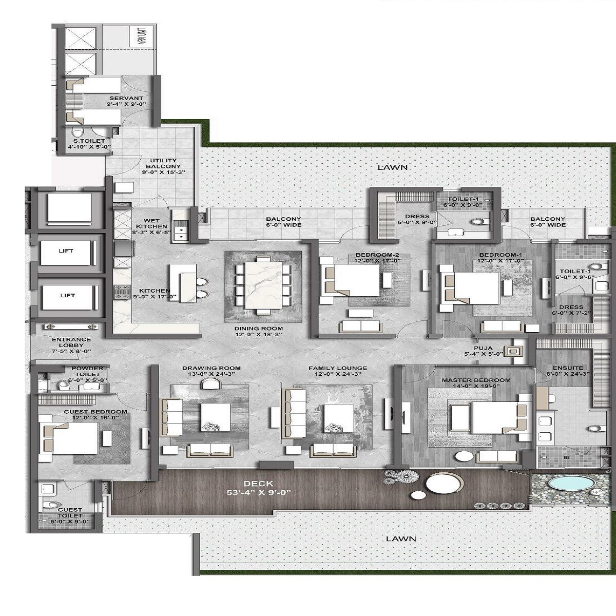 Floor plan of 4 BHK 4700 Sq. Ft. Apartment in Gulshan Dynasty, Noida