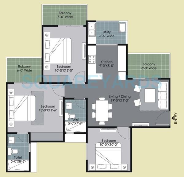 Floor plan of 3 BHK 1340 Sq. Ft. Apartment in Gulshan Ikebana, Noida