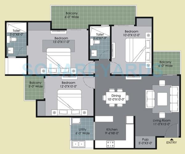 Floor plan of 3 BHK 1495 Sq. Ft. Apartment in Gulshan Ikebana, Noida