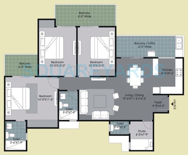 Floor plan of 3 BHK 1695 Sq. Ft. Apartment in Gulshan Ikebana, Noida