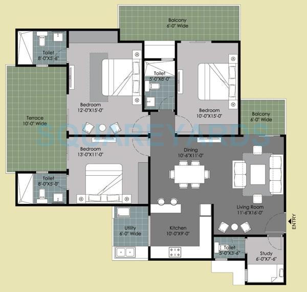 Floor plan of 3 BHK 1995 Sq. Ft. Apartment in Gulshan Ikebana, Noida