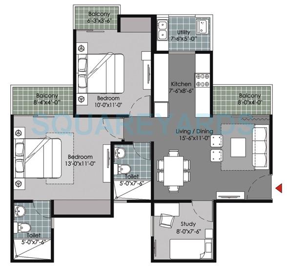 Floor plan of 2 BHK 1080 Sq. Ft. Apartment in Gulshan Vivante, Noida