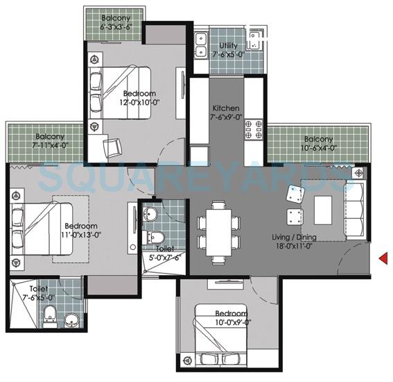 Floor plan of 3 BHK 1175 Sq. Ft. Apartment in Gulshan Vivante, Noida