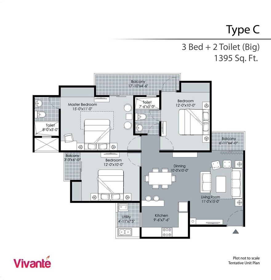 Floor plan of 3 BHK 1395 Sq. Ft. Apartment in Gulshan Vivante, Noida