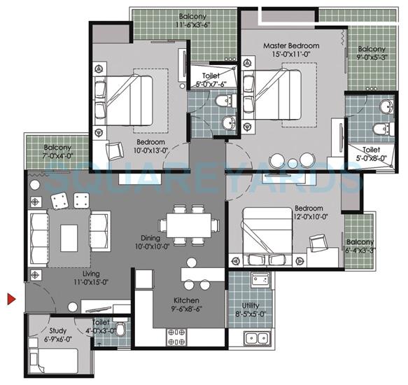 Floor plan of 3 BHK 1560 Sq. Ft. Apartment in Gulshan Vivante, Noida