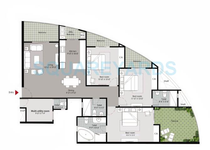 Floor plan of 3 BHK 2190 Sq. Ft. Apartment in Gulshan Vivante, Noida