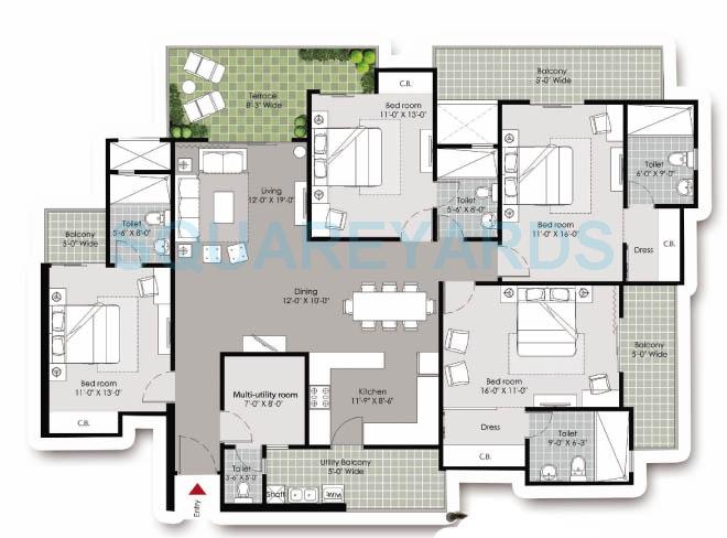 Floor plan of 4 BHK 2645 Sq. Ft. Apartment in Gulshan Vivante, Noida