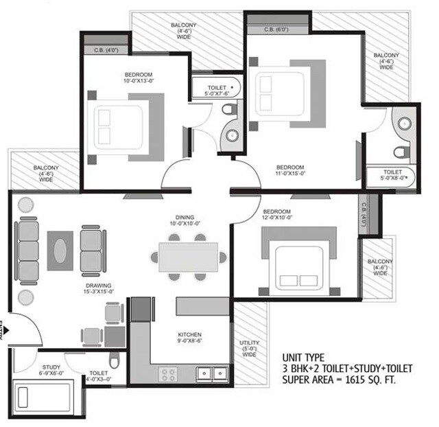 Floor plan of 3 BHK 1615 Sq. Ft. Apartment in Homes 121, Noida