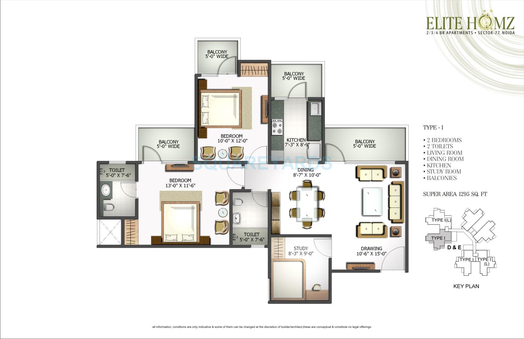 Floor plan of 2 BHK 1295 Sq. Ft. Apartment in H R Buildcon Elite Homz, Noida