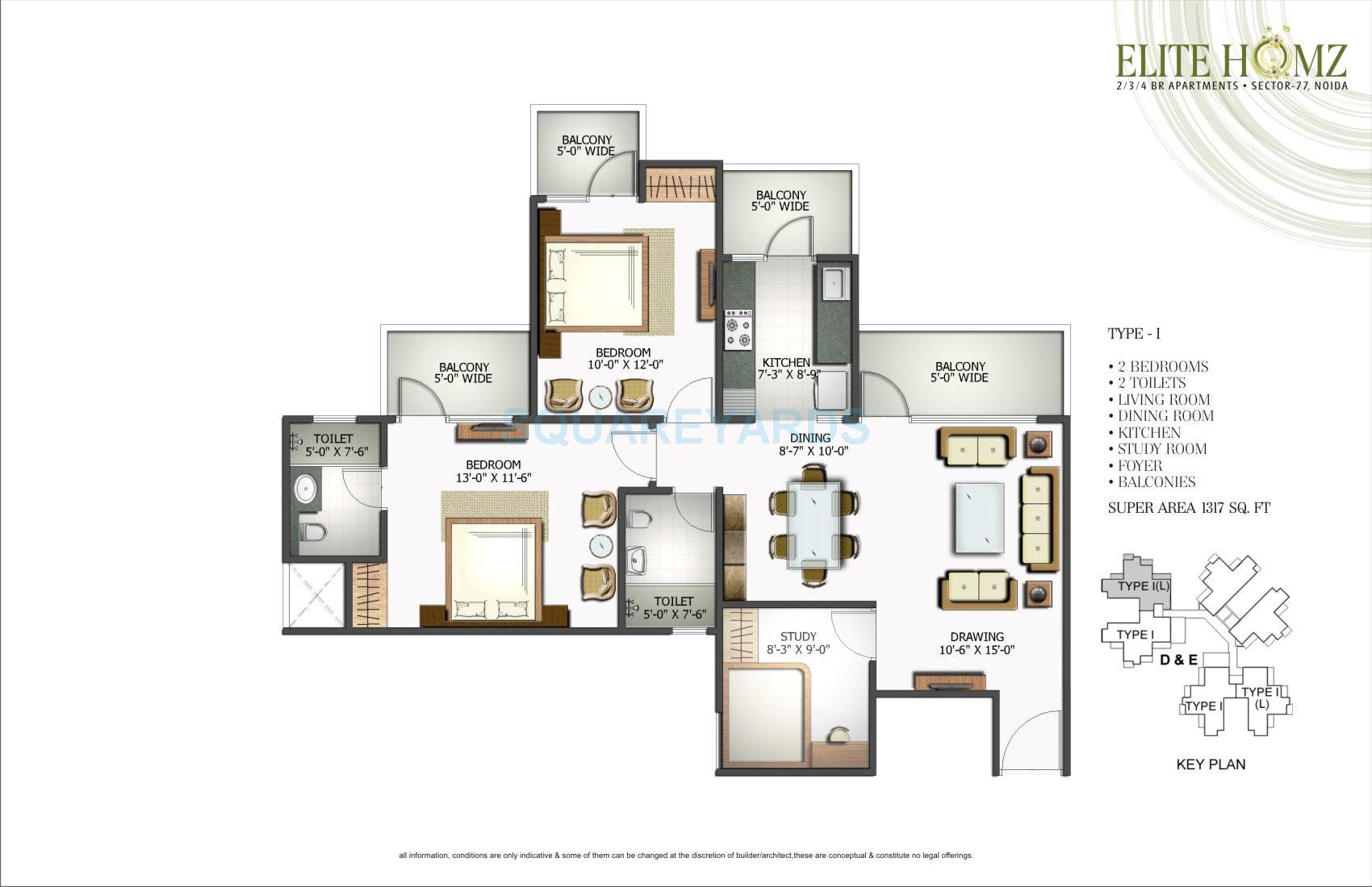Floor plan of 2 BHK 1317 Sq. Ft. Apartment in H R Buildcon Elite Homz, Noida