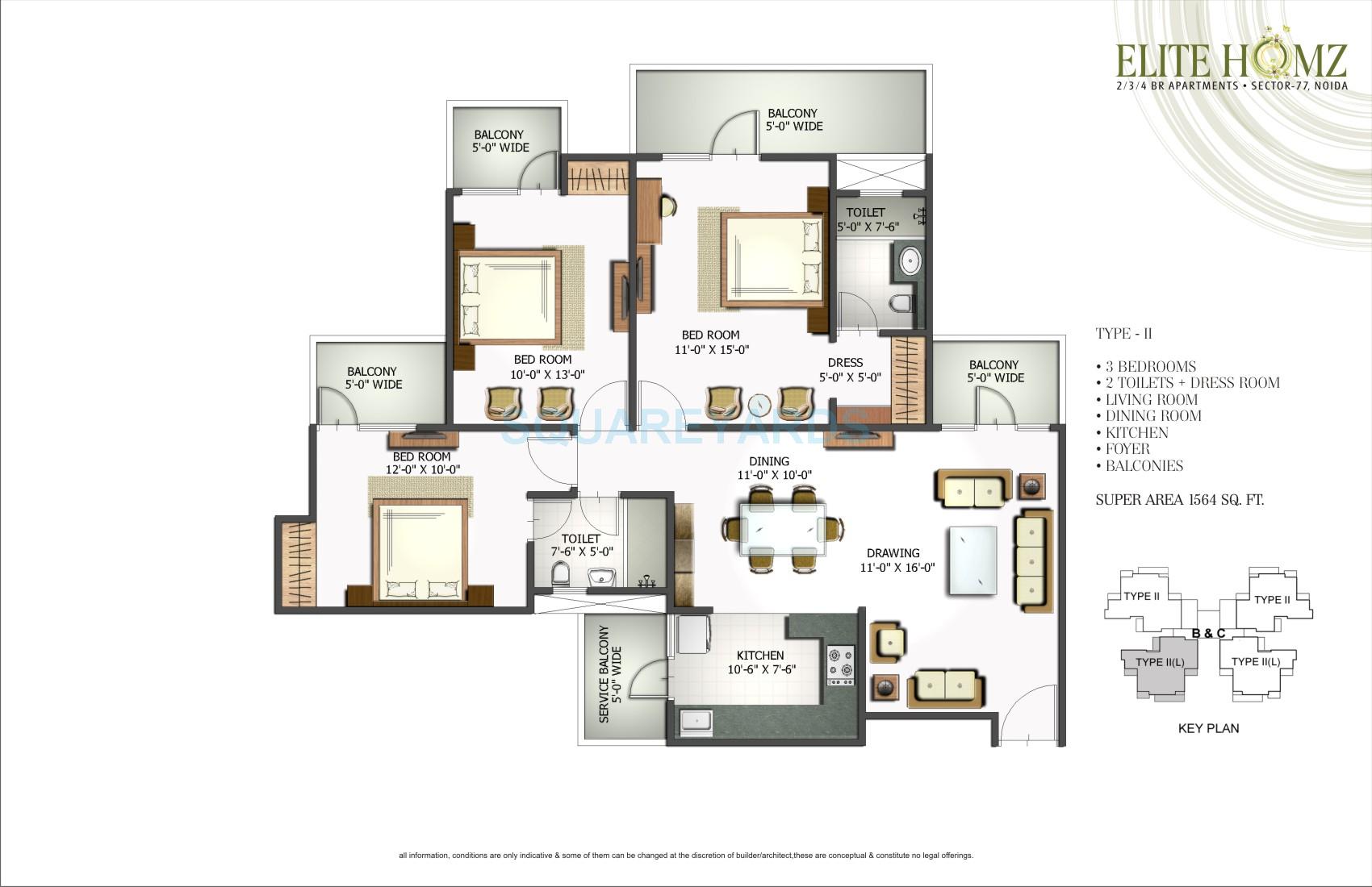 Floor plan of 3 BHK 1564 Sq. Ft. Apartment in H R Buildcon Elite Homz, Noida