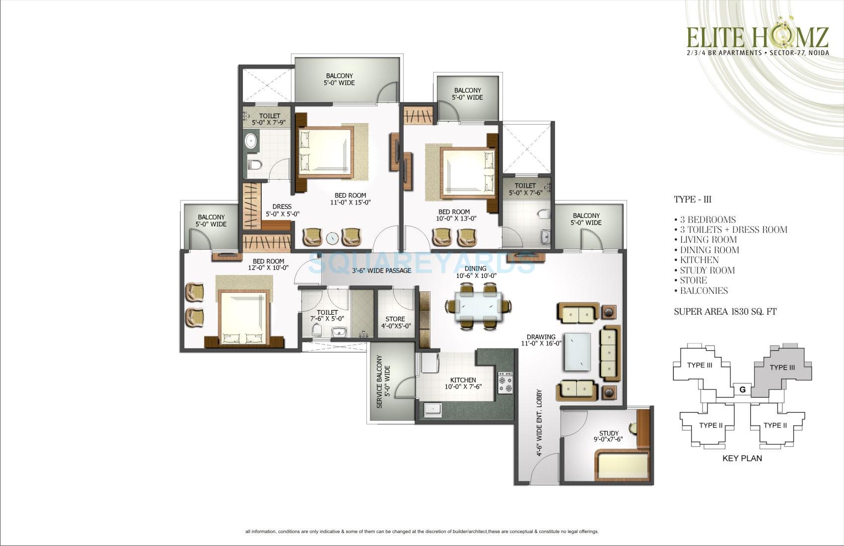 Floor plan of 3 BHK 1830 Sq. Ft. Apartment in H R Buildcon Elite Homz, Noida