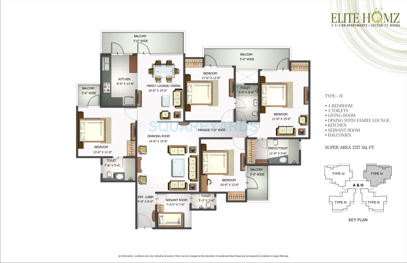 Floor plan of 4 BHK 2217 Sq. Ft. Apartment in H R Buildcon Elite Homz, Noida