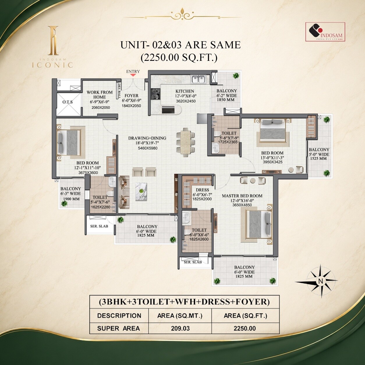 Floor plan of 3 BHK 2250 Sq. Ft. Apartment in Indosam Iconic, Noida
