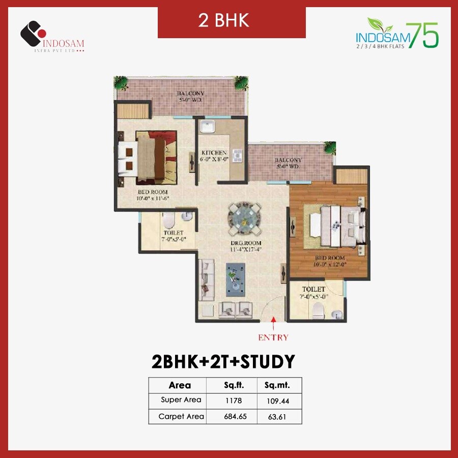 Floor plan of 2 BHK 1178 Sq. Ft. Apartment in Indosam75, Noida