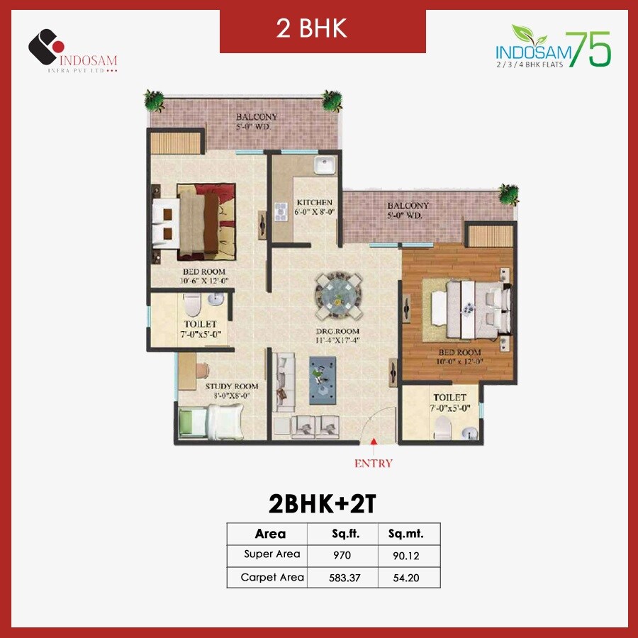 Floor plan of 2 BHK 970 Sq. Ft. Apartment in Indosam75, Noida