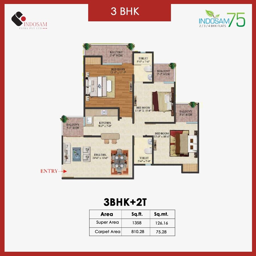 Floor plan of 3 BHK 1358 Sq. Ft. Apartment in Indosam75, Noida