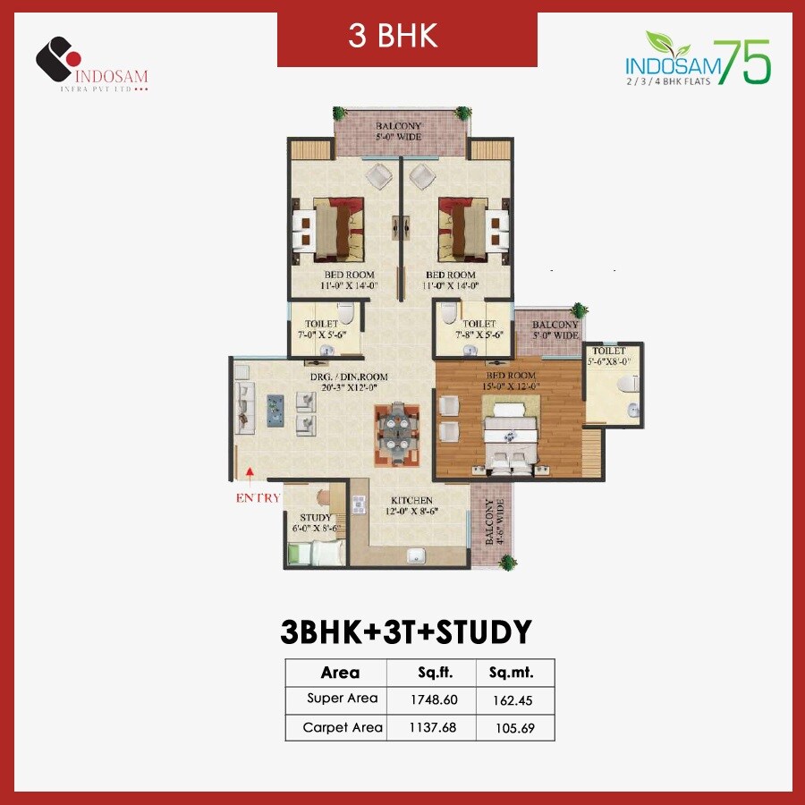 Floor plan of 3 BHK 1749 Sq. Ft. Apartment in Indosam75, Noida