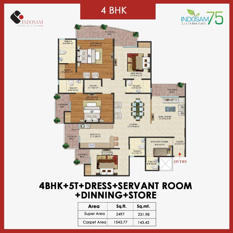 Floor plan of 4 BHK 2497 Sq. Ft. Apartment in Indosam75, Noida